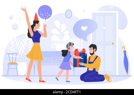 Birthday celebration flat vector illustration. Cartoon family people celebrating birth date at birthday party, mother and father patents giving gift box to child, happy parenting isolated on white Stock Vector