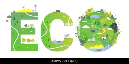 Eco word vector illustration. Cartoon flat green eco lettering with with ecological landscapes, forests and fields in letters. Happy Earth Day, save ecology typography icon design isolated on white Stock Vector