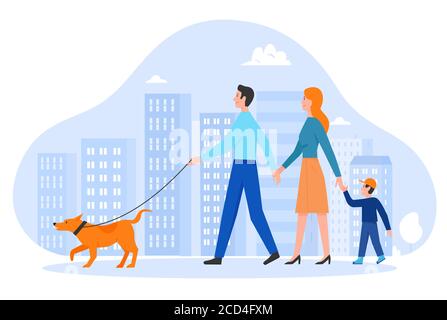 Family people walk vector illustration. Cartoon happy young animal owners, father mother and son kid characters walking in city street with own pet dog, family activity in cityscape isolated on white Stock Vector