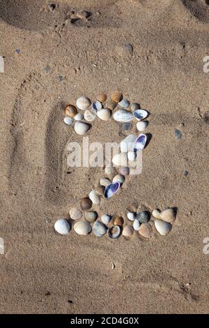 Number 2 laid out from seashells on the sand. Marine background. The symbol is two. Shells. Copy space. Stock Photo