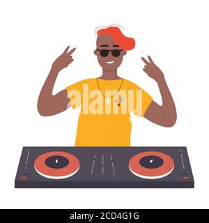 Black African American DJ man on musical party vector illustration. Cartoon flat male DJ character with turntable mixer making contemporary music in night club, spinning disc isolated on white Stock Vector