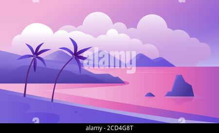 Night tropical coast landscape vector illustration. Cartoon flat tropics purple romantic panoramic scenery with evening beach, palm trees and sea, exotic paradise island coastline scene background Stock Vector