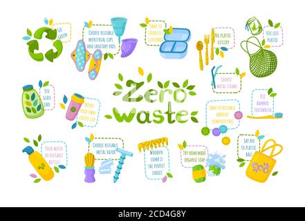 Big zero waste set. Symbol of recycling, reusable items and go green instructions. Vector illustration in cartoon style. Vector illustration Stock Vector