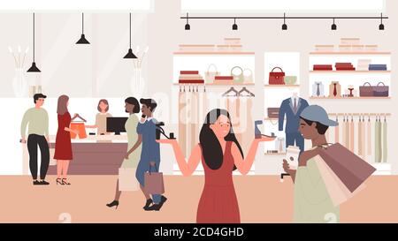 Fashion sales in clothing shop flat vector illustration. Cartoon man woman customer characters using discount special offers, buyer people buying new clothes in fashion store, shopping mall background Stock Vector