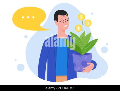 Success investment concept vector illustration. Cartoon flat happy man investor character holding money coin plant pot, investing in successful business project, financial profit isolated on white