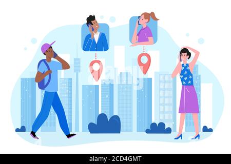 Phone communication flat vector illustration. Cartoon people holding smartphone in hand, communicating with family, friend or colleague characters on cellphone screen, conversation isolated on white Stock Vector