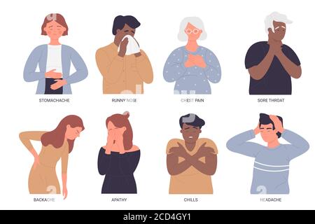 Sick people, bad health vector illustration. Cartoon flat set of unhealthy characters with flu sickness symptoms sore throat, runny nose or chills, pain in back stomach chest isolated on white Stock Vector