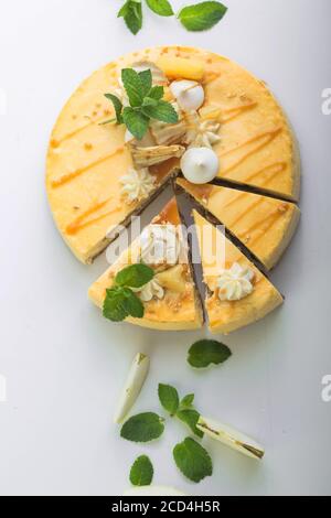 Caramel apple pear cheesecake.  Autumn dessert. Stock Photo