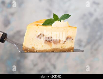 Caramel apple pear cheesecake.  Autumn dessert. Stock Photo