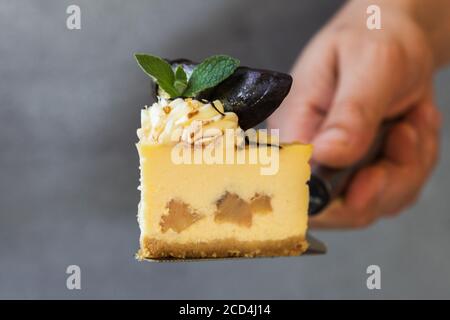 Caramel apple pear cheesecake.  Autumn dessert. Stock Photo