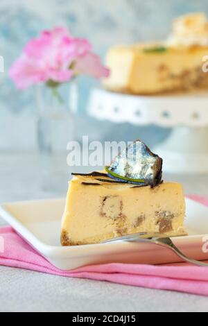 Caramel apple pear cheesecake.  Autumn dessert. Stock Photo