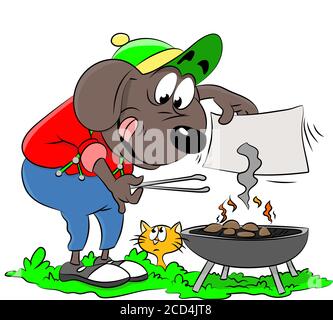 Cartoon dog making barbecue and in the garden vector illustration Stock Vector