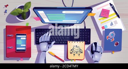 Workspace with robot working on computer keyboard top view. Concept of chat bot with ai. Vector cartoon futuristic illustration of wooden desk with computer screen, stationary, plant and robotic hands Stock Vector