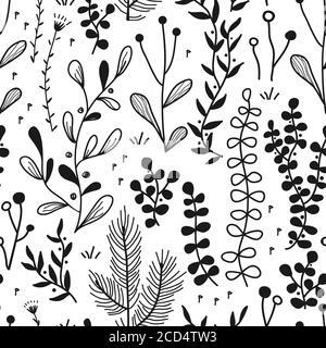 Vector seamless border with doodle forest and meadow plants. Hand drawn abstract background for frames, posters, textile Stock Vector
