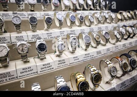 Roma, Italy, 25/11/2019: group of luxury watches for sale in a specialized store in the city center in Rome, Italy, travel reportage. Stock Photo