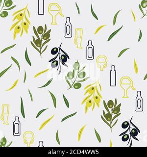 Greek Style bottles, jars, olive leaves on grey background Stock Vector