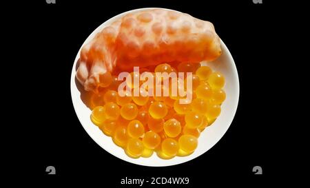 giant sea catfish roe, arius thalassinus, fish eggs on plate with path clipping masks Stock Photo