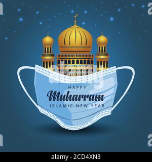 Happy muharram islamic new hijri year background. corona virus covid 19 concept. Stock Vector