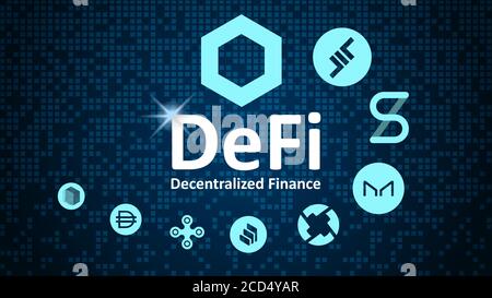 Defi - decentralized finance and altcoins in spiral. Logos of the main coins of the Defi sector on a blue background. Vector EPS10. Stock Vector