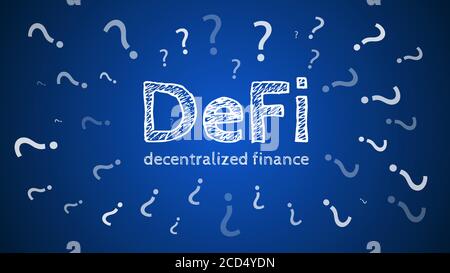 Defi - decentralized finance with question marks around text on blue background. Vector EPS10. Stock Vector