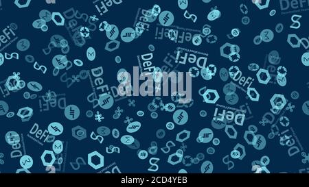 DeFi seamless pattern - decentralized finance with altcoin logos on a blue background. Signs of the largest projects in the DeFi sector. Vector 10. Stock Vector