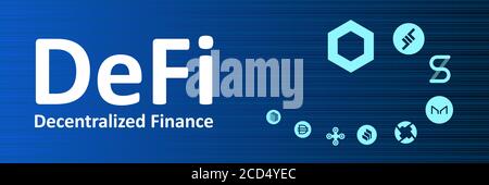 Defi - decentralized finance and altcoins in spiral on narrow banner. Logos of the main coins of the Defi sector on blue background.For website header Stock Vector