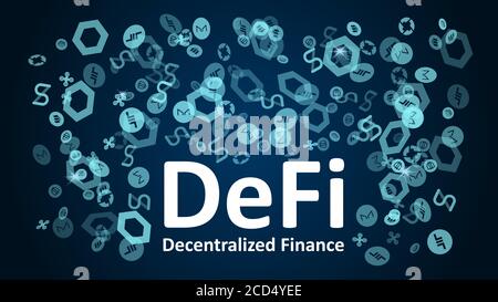 DeFi - decentralized finance with altcoin logos on a dark blue background. Signs of the largest projects in the DeFi sector. Vignetting. Vector 10. Stock Vector