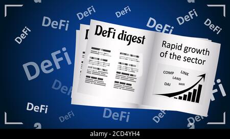 Newspaper with news about the growing market with DeFi decentralized finance. On dark blue background, the white text Defi are scattered chaotically. Stock Vector