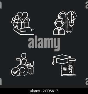 Business occupation chalk white icons set on black background Stock Vector