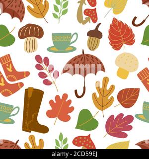 Seamless pattern with bright autumn leaves, mushrooms, umbrellas, socks. For decorating packaging, textiles, tablecloths and bed linen Stock Vector
