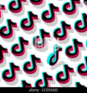 Tiktok social network pattern background. Odessa, Ukraine - August 26, 2020. Vector illustration. Stock Vector