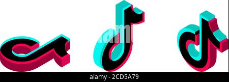Isometric Tik Tok icon of social media. 3d logo. Vector illustration on a white background. Odessa, Ukraine - August 26, 2020 Stock Vector