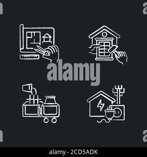 House foundation chalk white icons set on black background Stock Vector