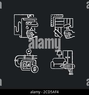 House renovations chalk white icons set on black background Stock Vector