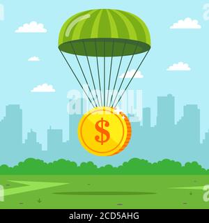 the coin falls on a parachute. insured finances from the crisis. flat vector illustration Stock Vector