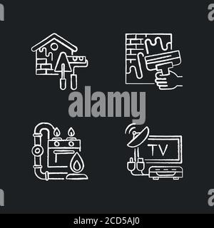 House repairs and facilities chalk white icons set on black background Stock Vector
