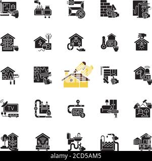 Building and repair house black glyph icons set on white space Stock Vector