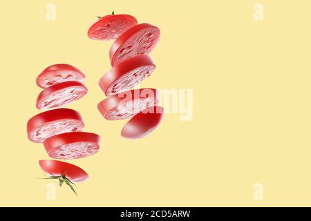 Two tomatoes with a green leaf, cut into several slices, fly in the air against a beautiful yellow background. Down view, copy space. Stock Photo
