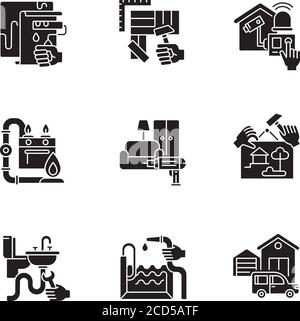 Home improvements black glyph icons set on white space Stock Vector