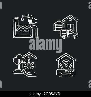 Home facilities chalk white icons set on black background Stock Vector