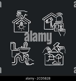 House maintenance chalk white icons set on black background Stock Vector