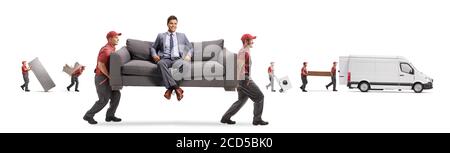 Man sitting on a couch and movers putting household items in a van isolated on white background Stock Photo