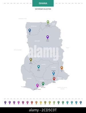 Ghana map with location pointer marks. Infographic vector template, isolated on white background. Stock Vector
