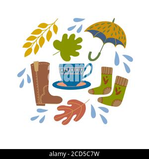 Set of autumn leaves, blue cup, umbrella, socks and boots. Vector graphics on a white background for the design of cards, prints on pillows, packages Stock Vector