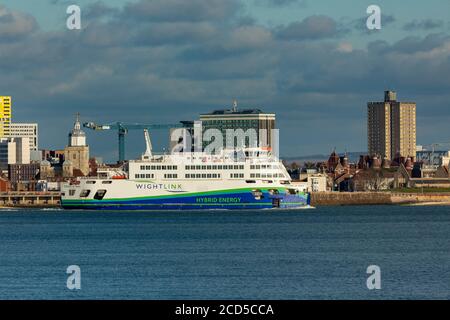 Car ferry Victoria of Wight passing by the hotwalls in Portsmouth on its way to the Isle of Wight. Stock Photo