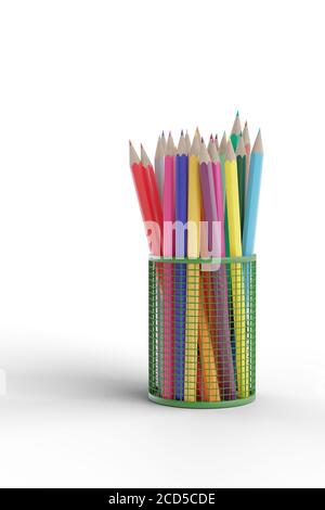 Set of colored pencils in a basket isolated on white background. 3d illustration. Stock Photo