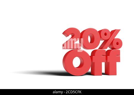 Text '20 % off' in 3 dimensions on a white background. 3d illustration. Stock Photo