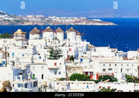 Mykonos Town and old harbour, elevated view, Mykonos, Cyclades Islands, Greece Stock Photo