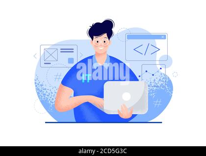 IT guy with a laptop vector modern illustration - blue color. Smiling young man portrait in glasses, a polo t-shirt, holding a computer in hands, codi Stock Vector