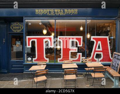 Vintage Tea Rooms set in the Historical Norwich Lanes, with Very Large Bright Red Letters on the Window spelling TEA, Norwich, England, UK Stock Photo